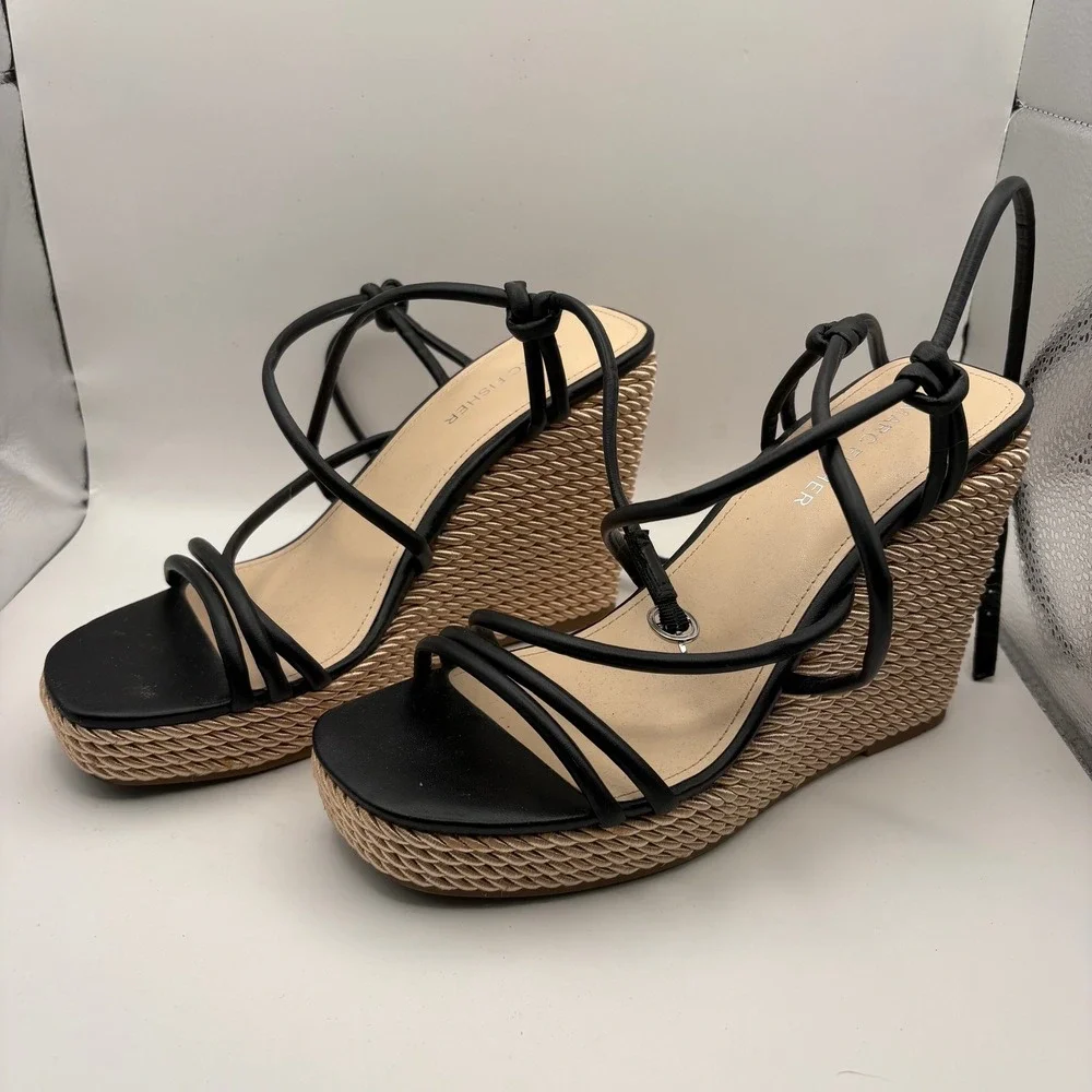Marc Fisher Black Strappy Woven Rope Wedge Sandals Womens Size 8M MFZASTY